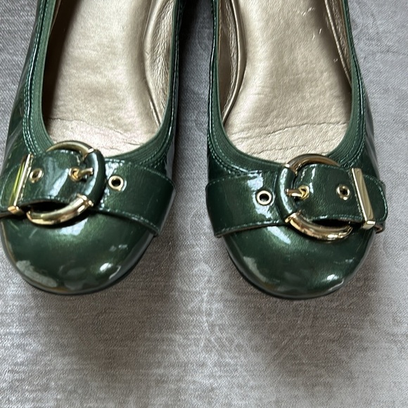 Dark Green Patent Flats with Gold Buckle - Picture 2 of 9